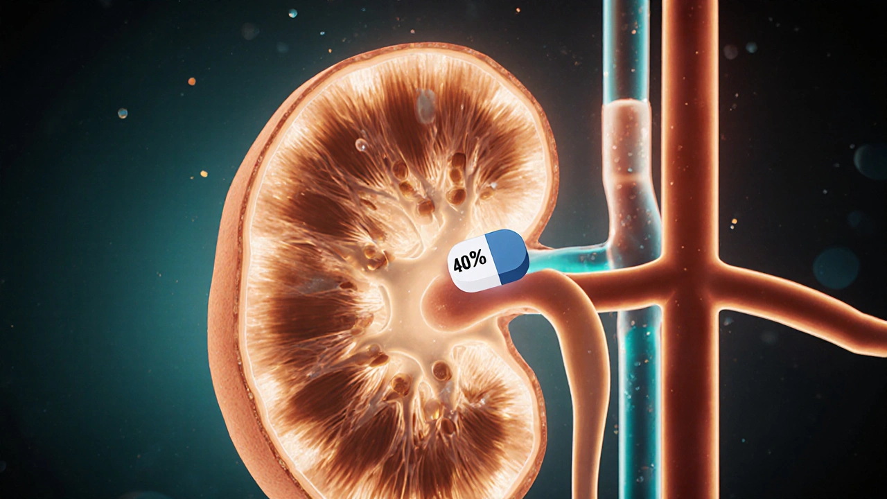 Neon-lit interior kidney showing drug particles moving through filtration pathways.