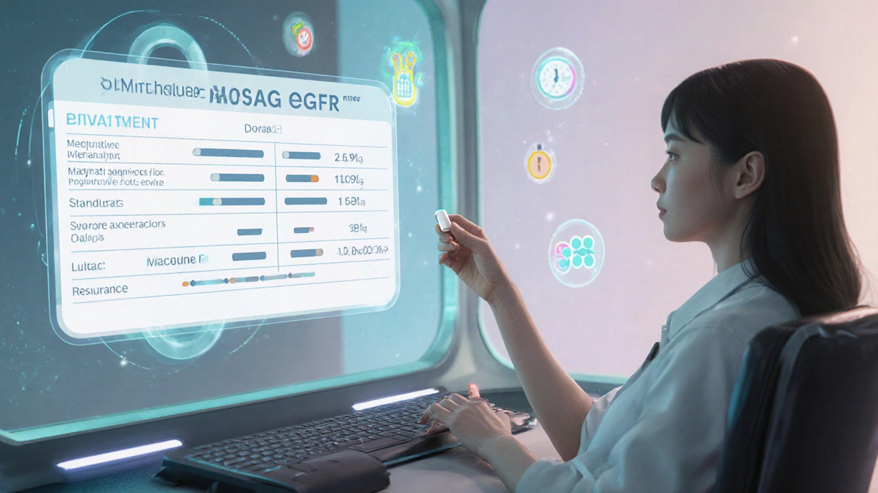 Patient at a virtual health station reviewing dosage chart for kidney function.