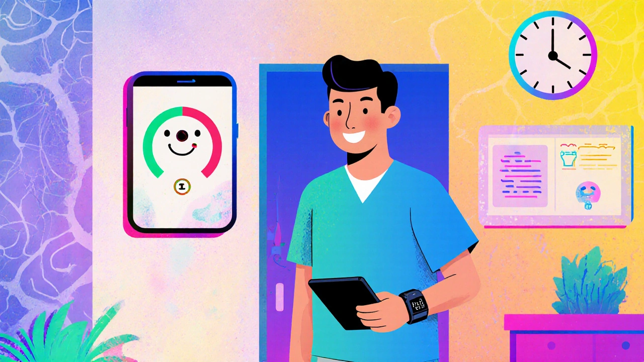 Patient leaves clinic after shortened monitoring, wearing a health wearable and using an app.