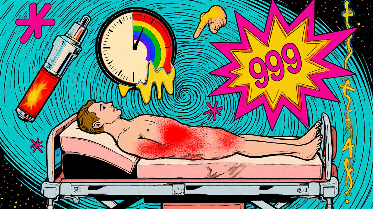 Patient with glowing rash in ER, EpiPen firing rainbow burst, neon medical symbols swirling around.