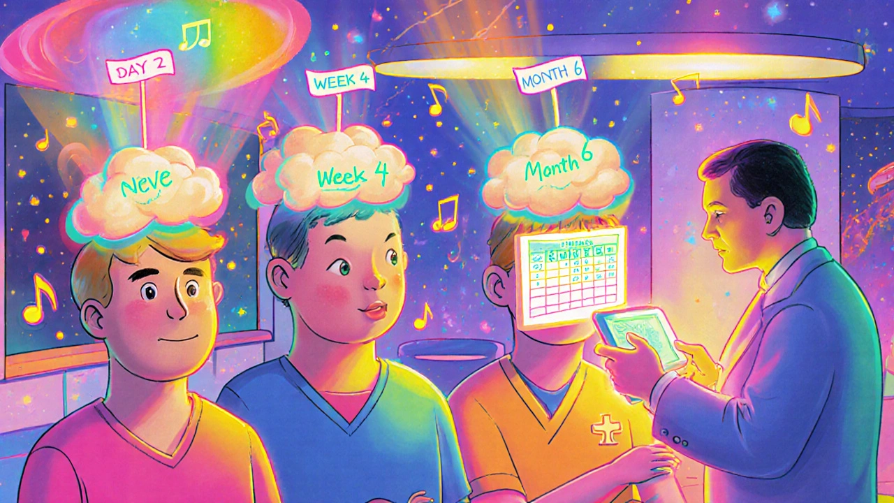 Patients in a clinic with timelines above their heads as colorful side effect sprites emerge, guided by a pharmacist with a glowing chart.