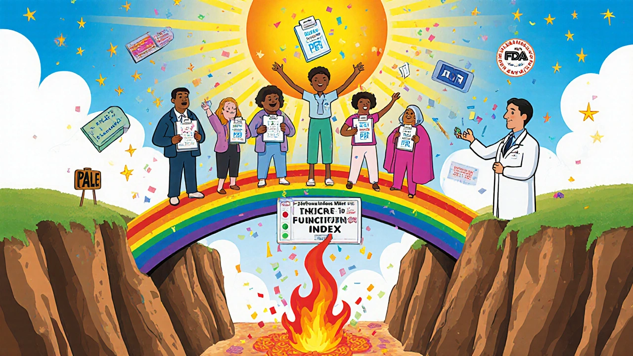 Patients on a rainbow bridge holding BFI scorecards, defeating constipation with laxatives in whimsical Peter Max style.