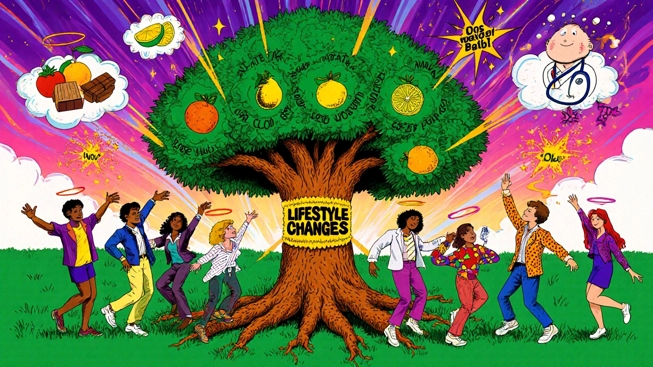 People dancing around a lifestyle changes tree with healthy habit roots, fruits bursting in sparkles under a smiling doctor in the clouds.