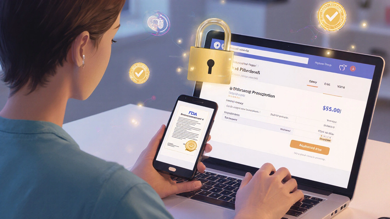 Person using laptop and phone to securely order generic Lasix online.