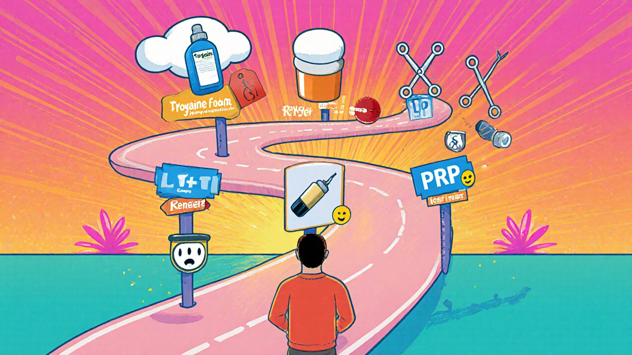 Peter Max style cartoon of a person choosing hair‑loss treatments on a colorful decision road.