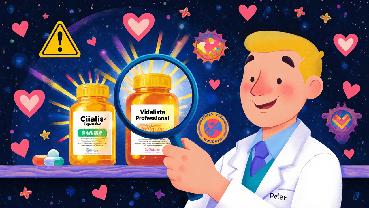 Pharmacy shelf with Cialis and Vidalista pills glowing equally, doctor with magnifying glass, hearts and safety seals in psychedelic style.
