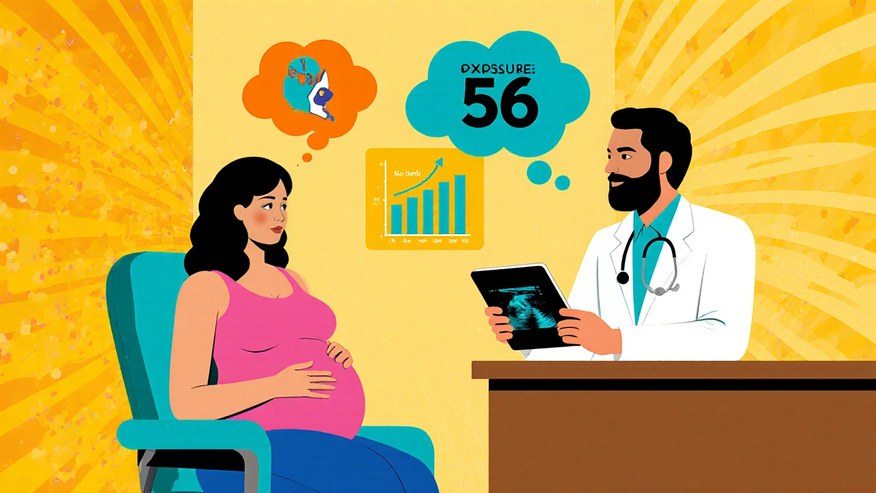 Pregnant woman consulting a doctor with thought bubbles showing exposure numbers and fetal ultrasound in bright illustration.