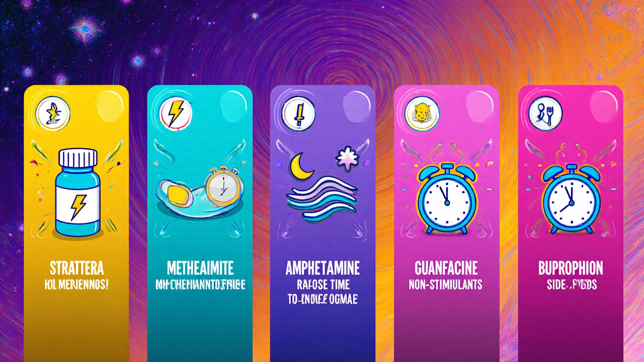 Series of cartoon panels comparing Strattera, stimulants, and other ADHD meds with icons for mechanism and side effects.