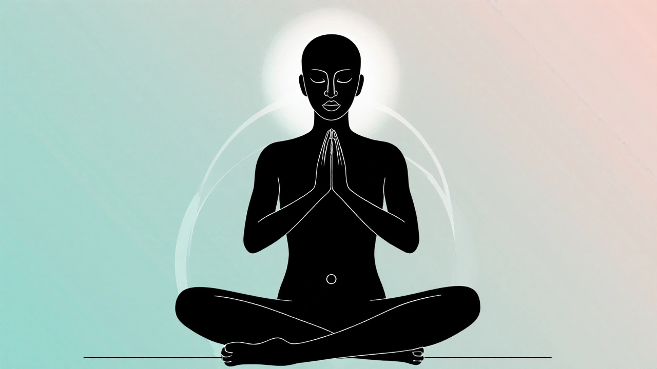 Simple line drawing of a person doing alternate nostril breathing with a gentle pastel backdrop.
