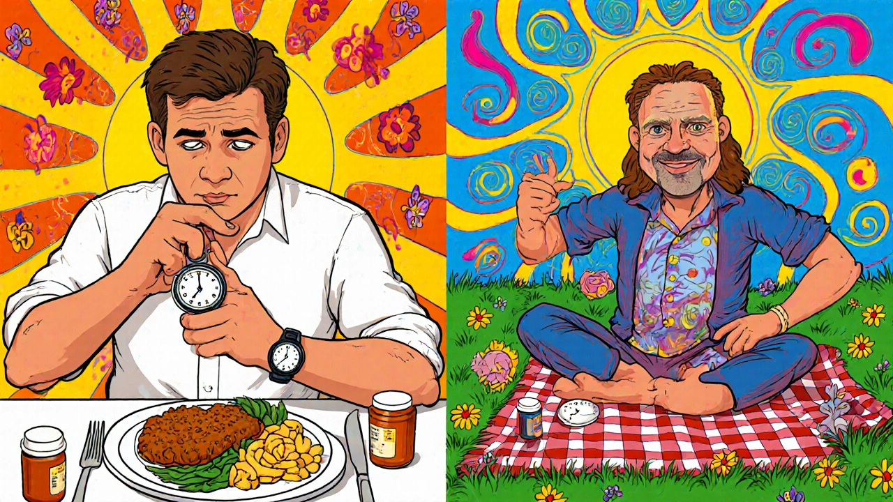 Split-screen cartoon: man stressed with Viagra and steak vs. relaxed man enjoying picnic with Vidalista, all in swirling neon colors.