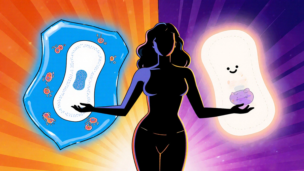 Split-screen cartoon of a pad with antibacterial blue shield and a soothing white glow, held by a confident woman silhouette.