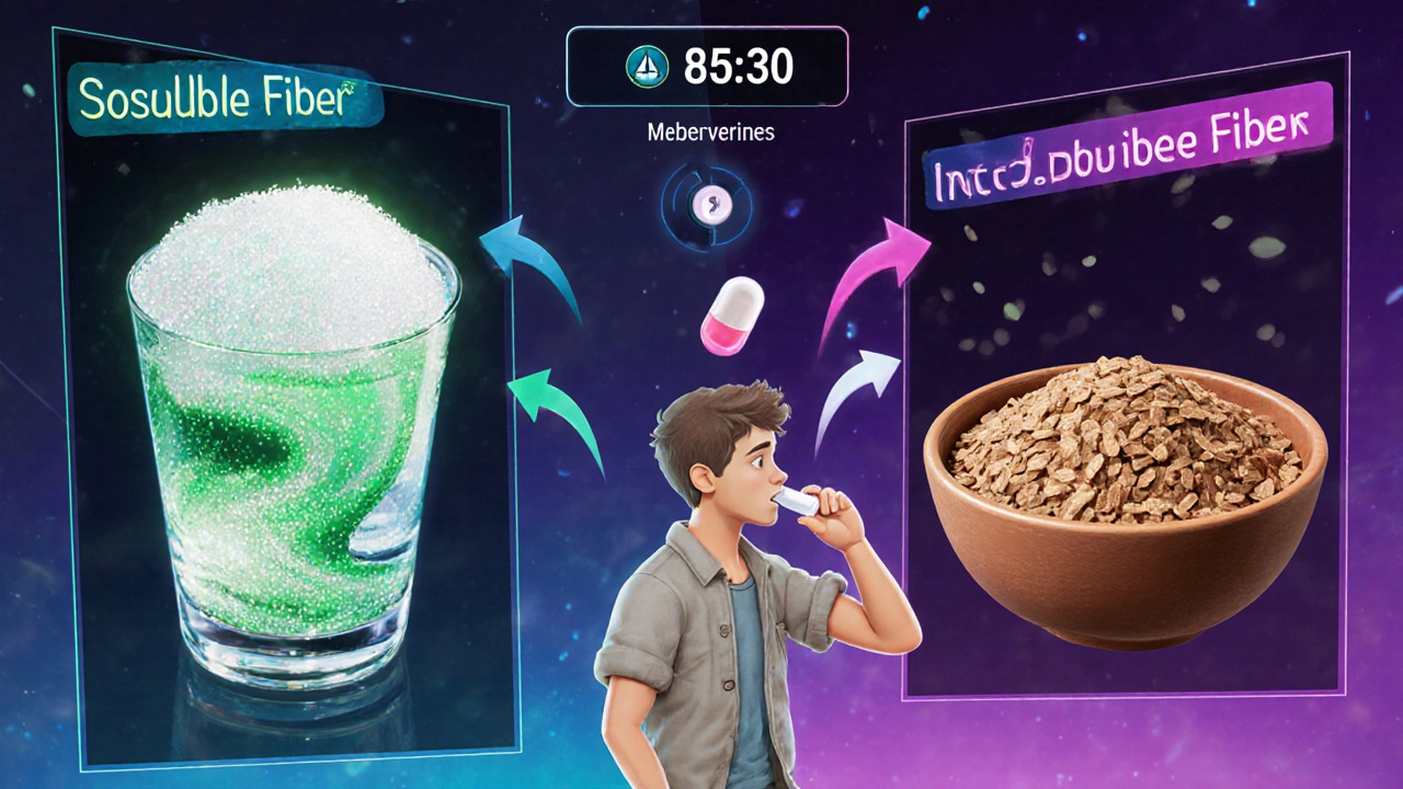 Split screen shows soluble psyllium gel vs insoluble wheat bran with a pill timer.