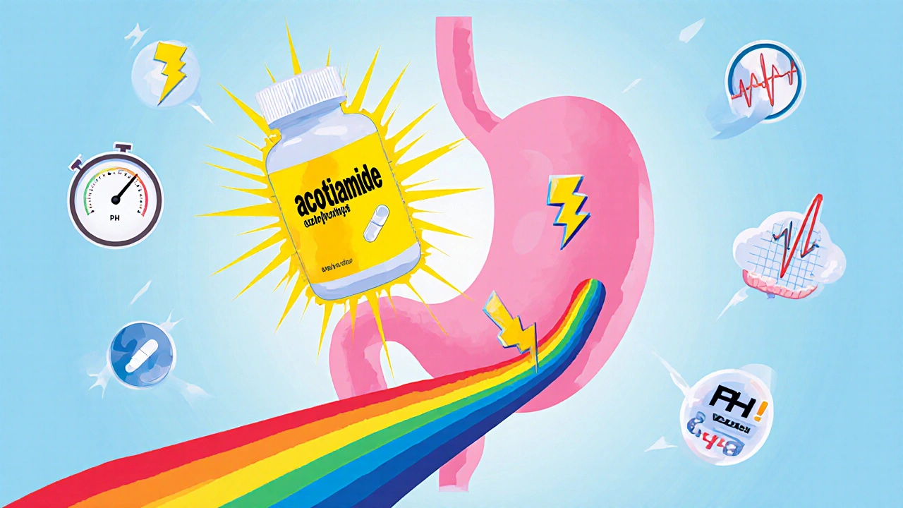 Stomach and esophagus with glowing acotiamide bottle illustrating prokinetic action.