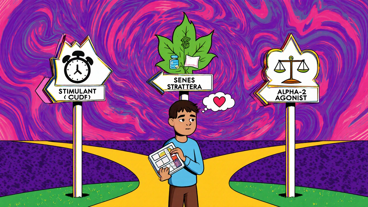 Teen at a colorful crossroads choosing between stimulant, Strattera, and alpha‑2 agonist paths under a swirling sky.