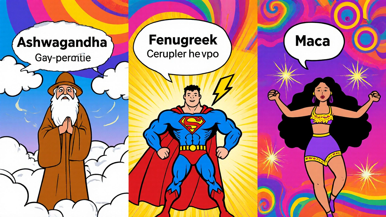 Three animated herbal supplements as colorful characters in a 1960s-style cosmic collage.