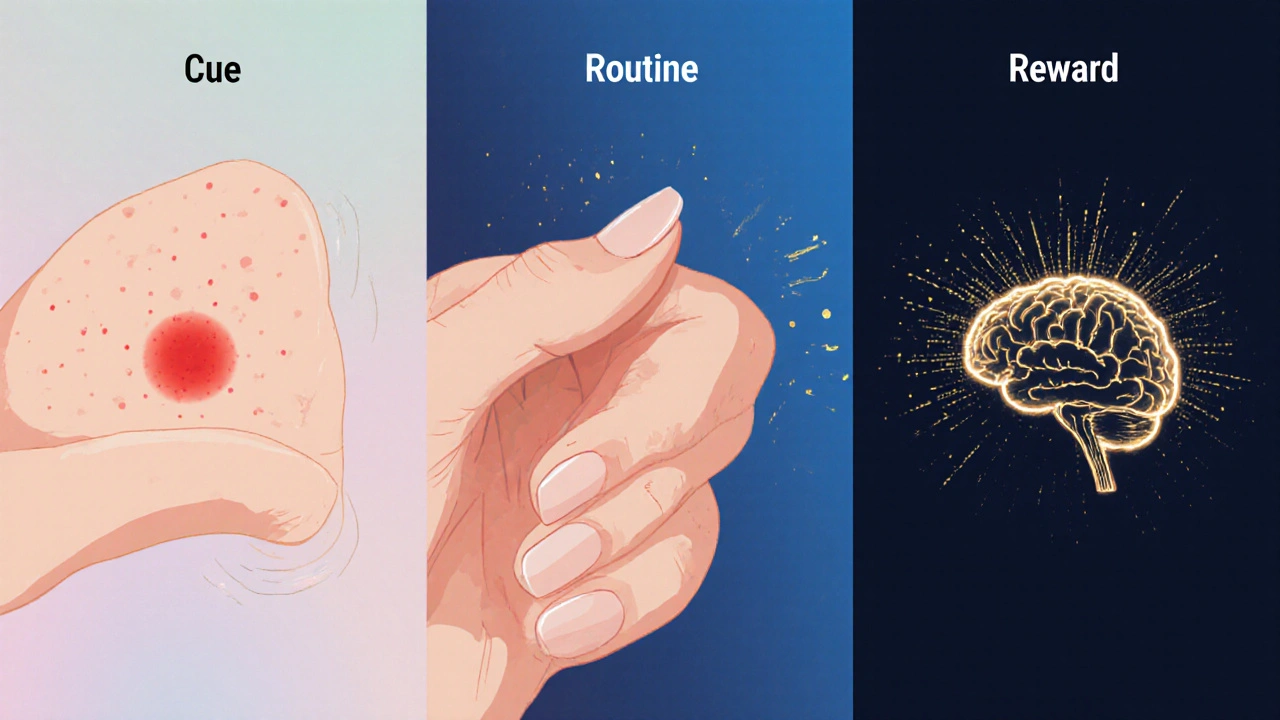 Three‑panel illustration: acne spot, hand pressing skin, brain with glowing particles.