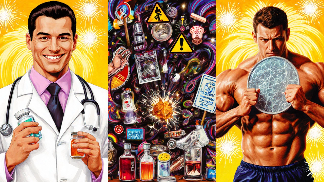 Three people reacting to gemfibrozil: one safely, one dangerously mixing drugs, one misled about fat loss—all in vibrant 60s style.