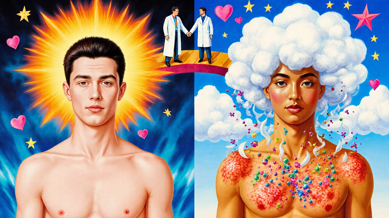 Two sides of a patient: one with healthy skin under sunlight, the other with inflamed skin under storm clouds, connected by a bridge of light.