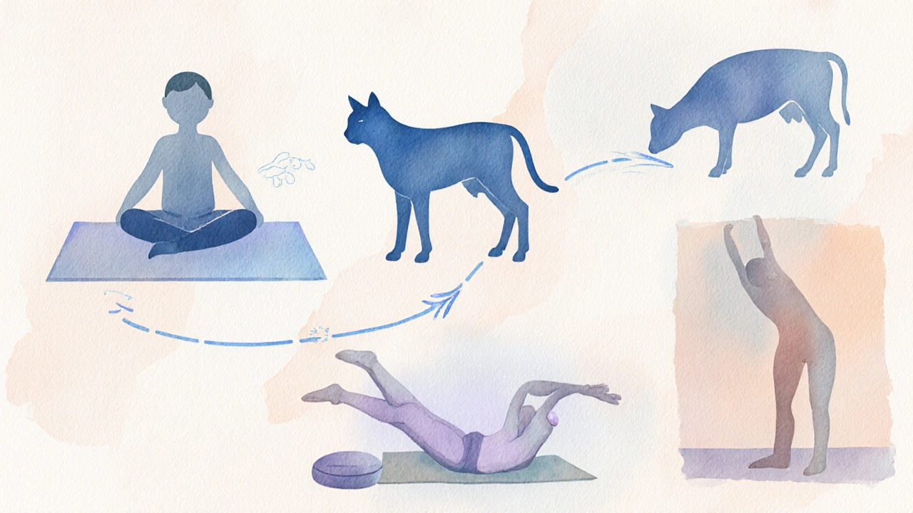 Watercolor showing five yoga poses: Child&#039;s Pose, Cat‑Cow, Reclined Bound Angle, Bridge, Legs‑Up‑the‑Wall.