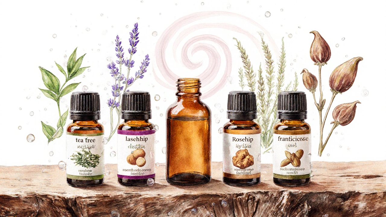 Watercolor still life of essential oil bottles and carrier oil with plant sketches.
