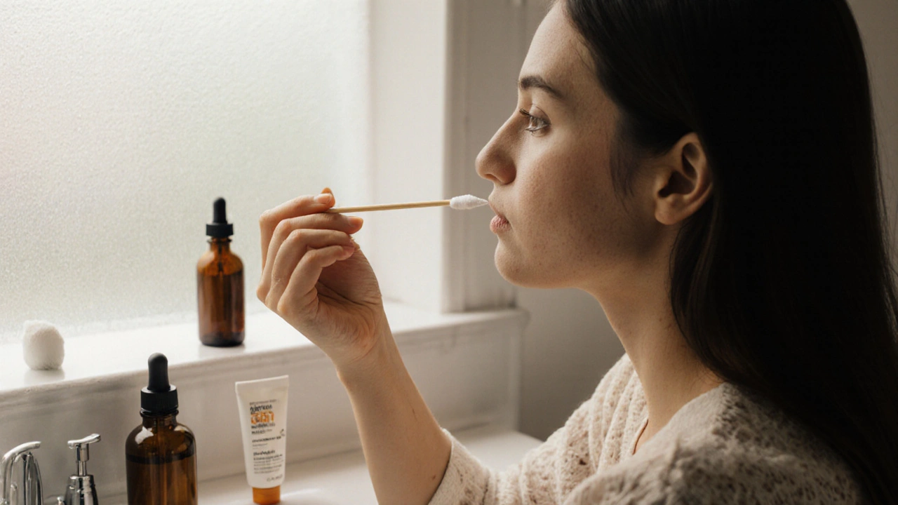 Woman applying diluted essential oil blend to a facial acne spot as part of her skincare routine.