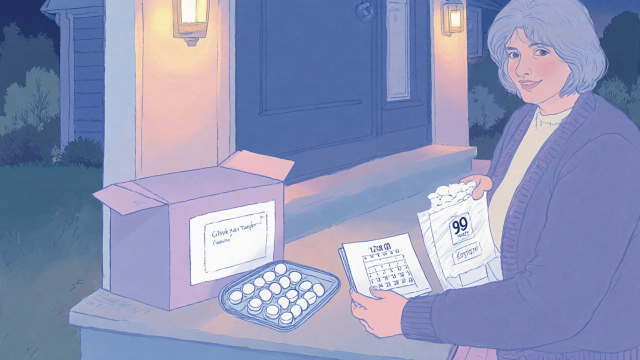 Woman opening a parcel delivering generic medication at her doorstep.