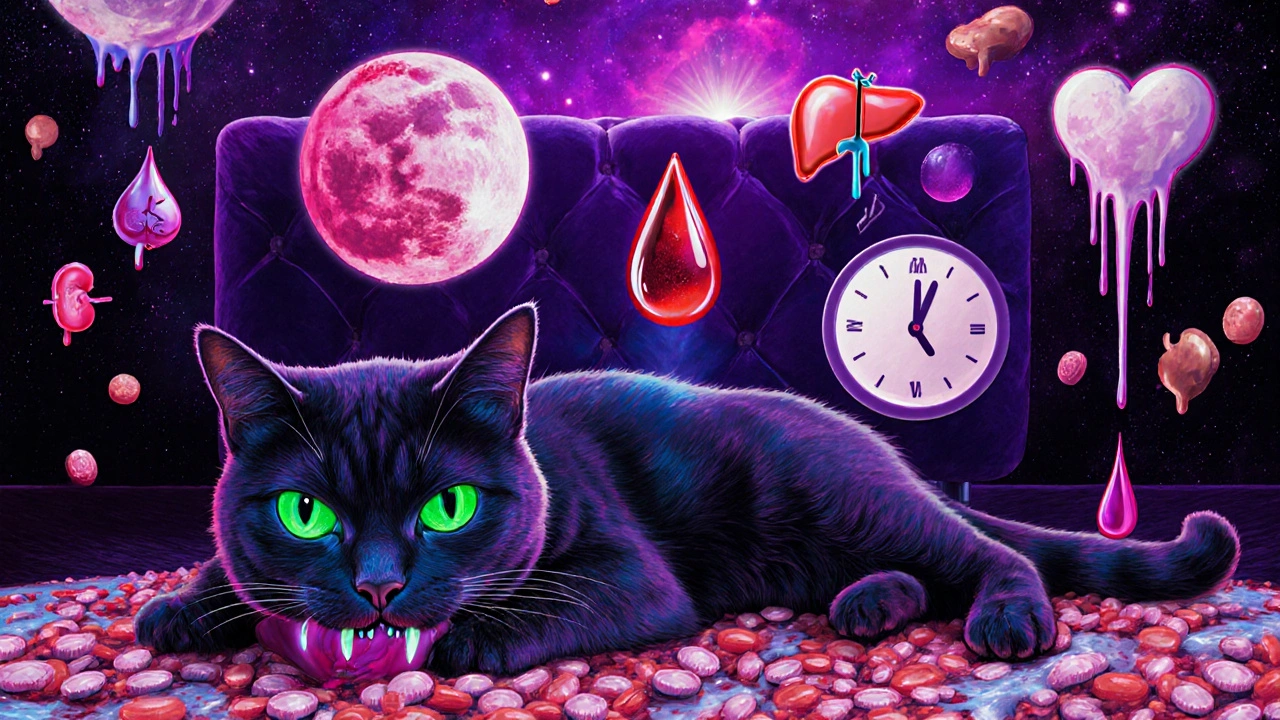 A cat with blue gums floats amid glowing toxic pills and swirling liver symbols in a vibrant room.