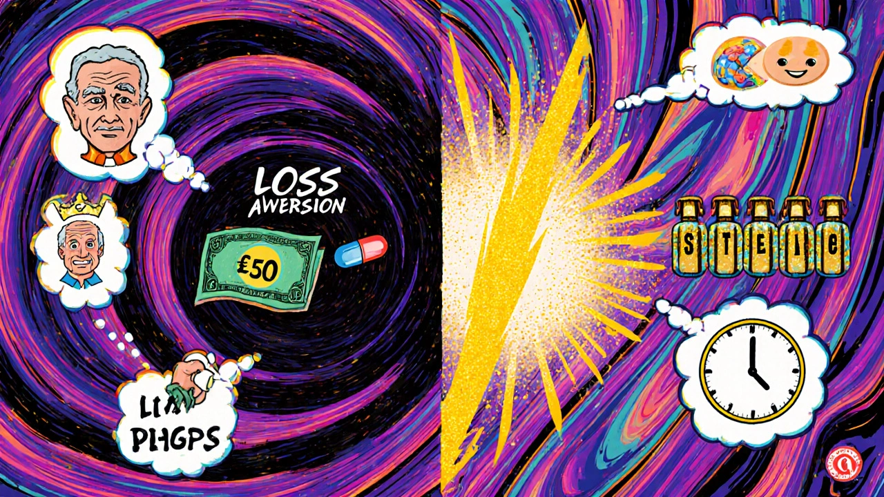 A colorful mind galaxy pulled by loss aversion and motivated by a pill-streak streak, with thought bubbles and a ticking clock.