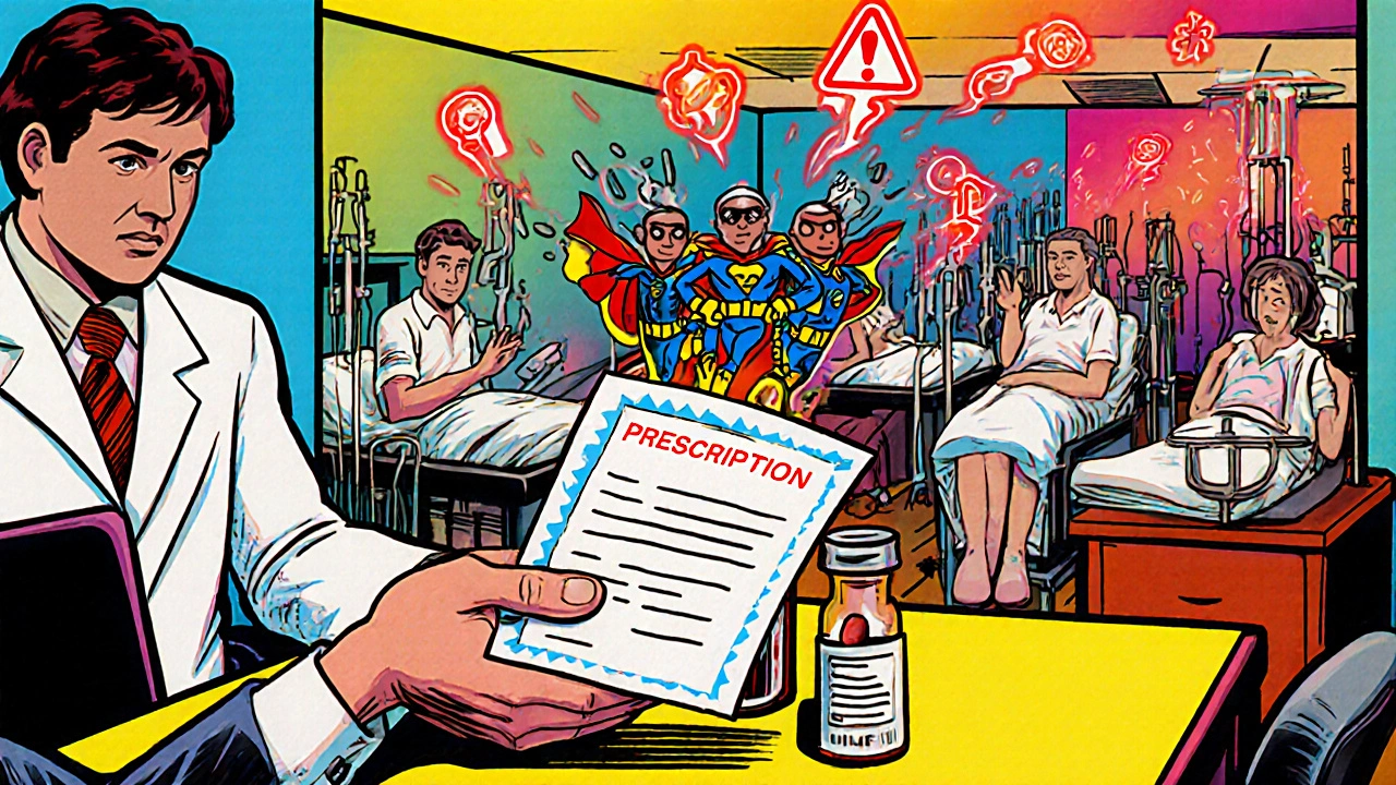 A doctor&#039;s office scene with antibiotic pills spawning resistant bacteria, set in vibrant pop-art style.