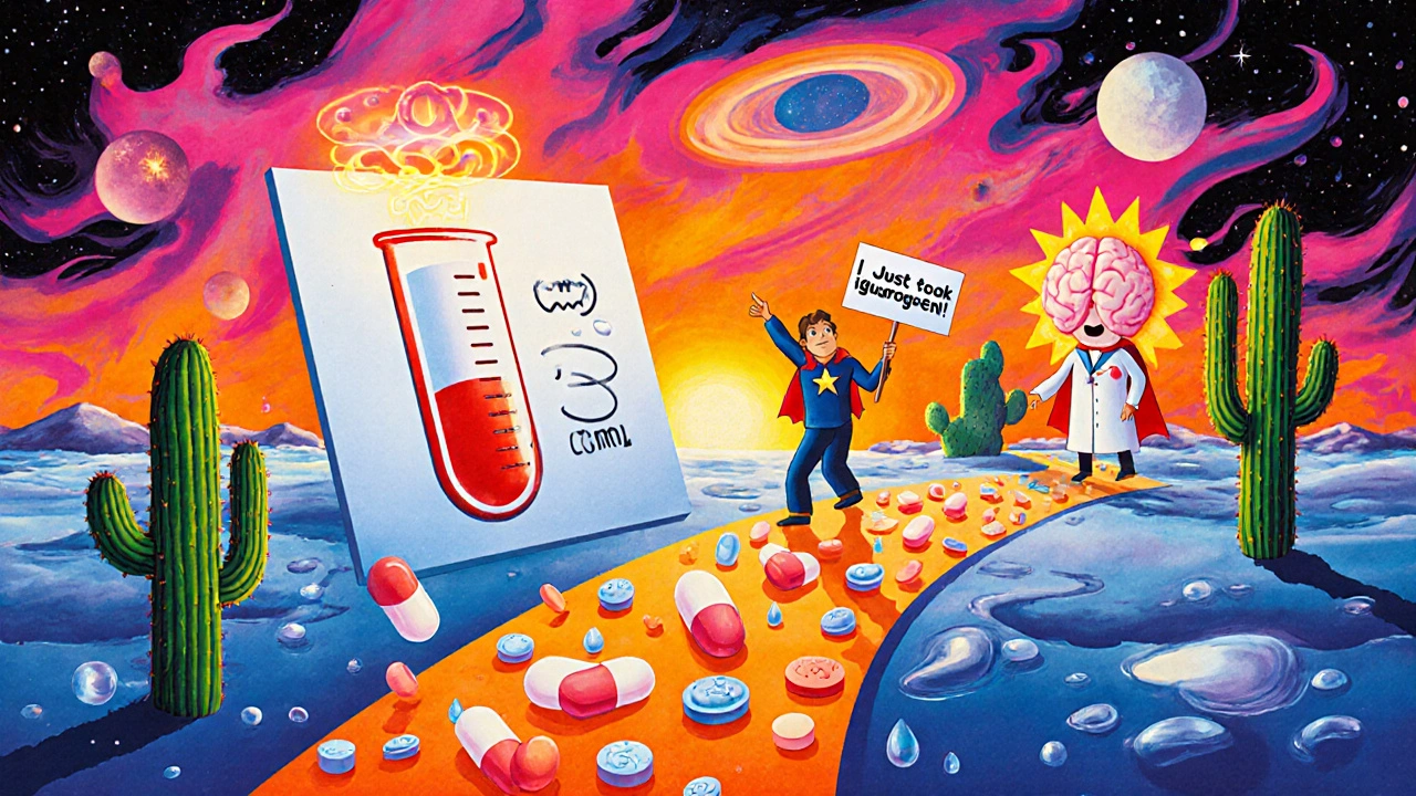 A floating blood test tube at toxic levels surrounded by pills and a doctor guiding to safety