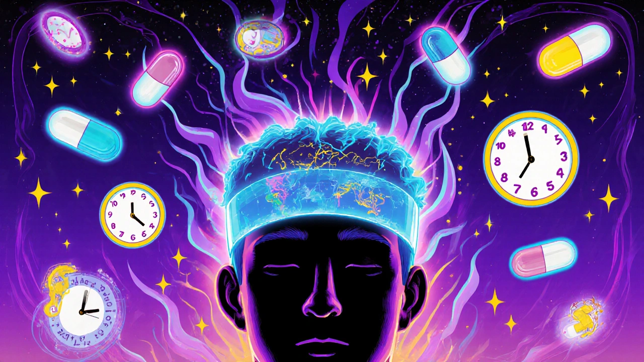 A futuristic sleep lab with a person and floating genetic map, personalized pills glowing in sync with their circadian rhythm.