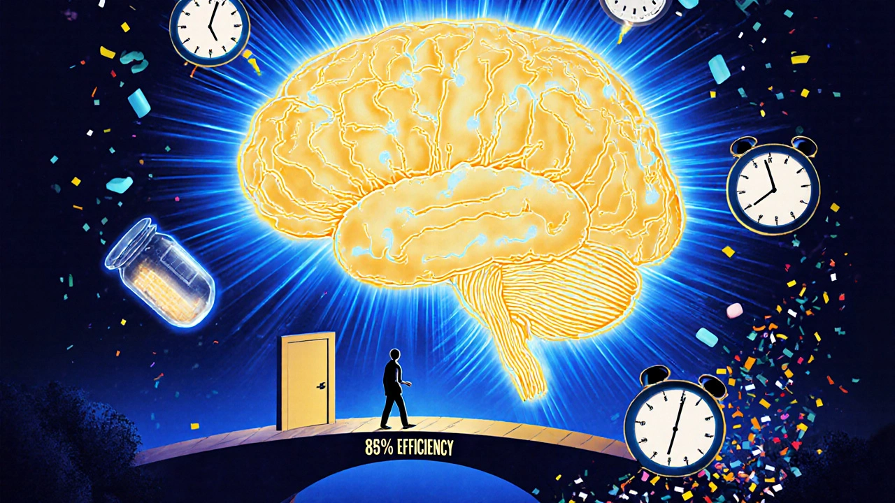 A glowing brain with light pathways forming a mandala, a figure walking toward a sleep door as time increments float around a dissolving pill bottle.
