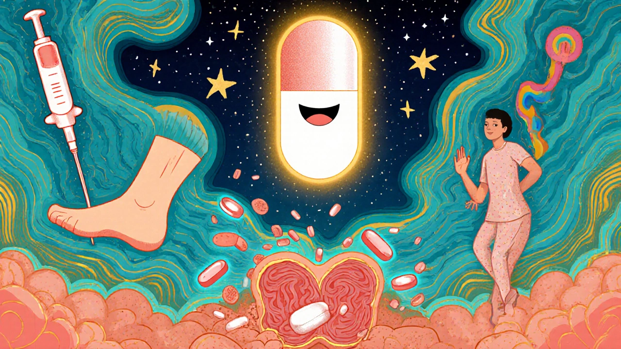 A healthy bladder lit by a glowing mirabegron pill, while harmful pills dissolve below.