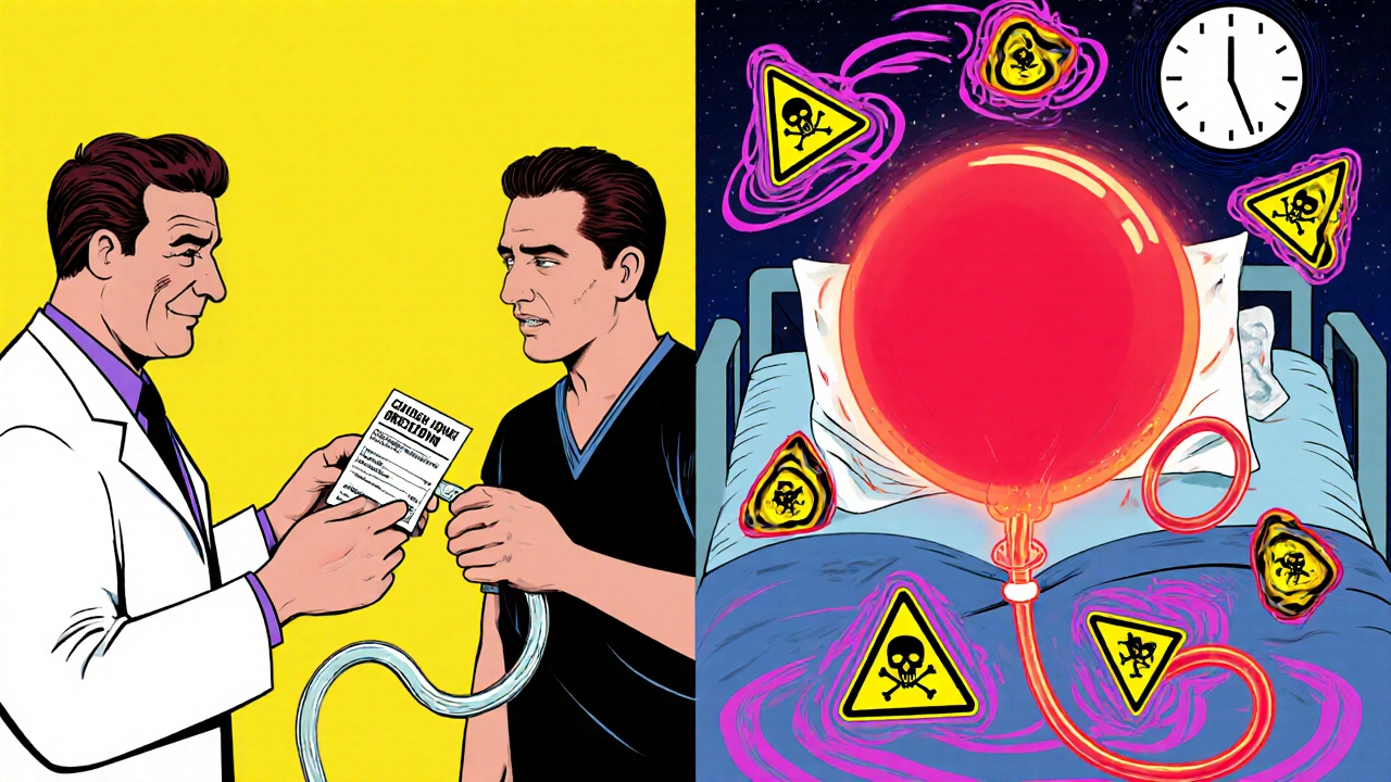 A man receiving a risky prescription, then hospitalized with a catheter and swollen bladder.