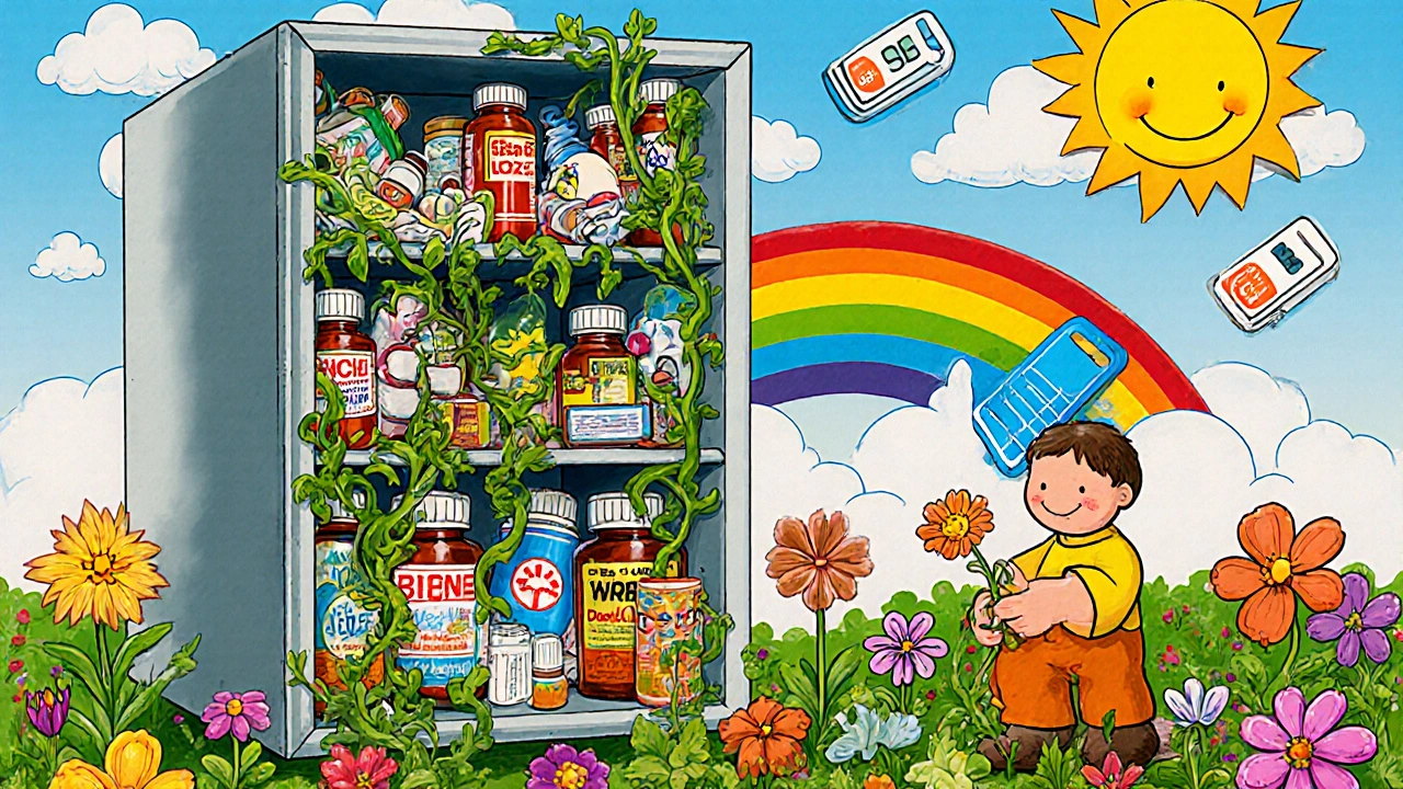 A medicine cabinet turned into a garden where generic pills bloom simply, while brand-name vines choke the system.