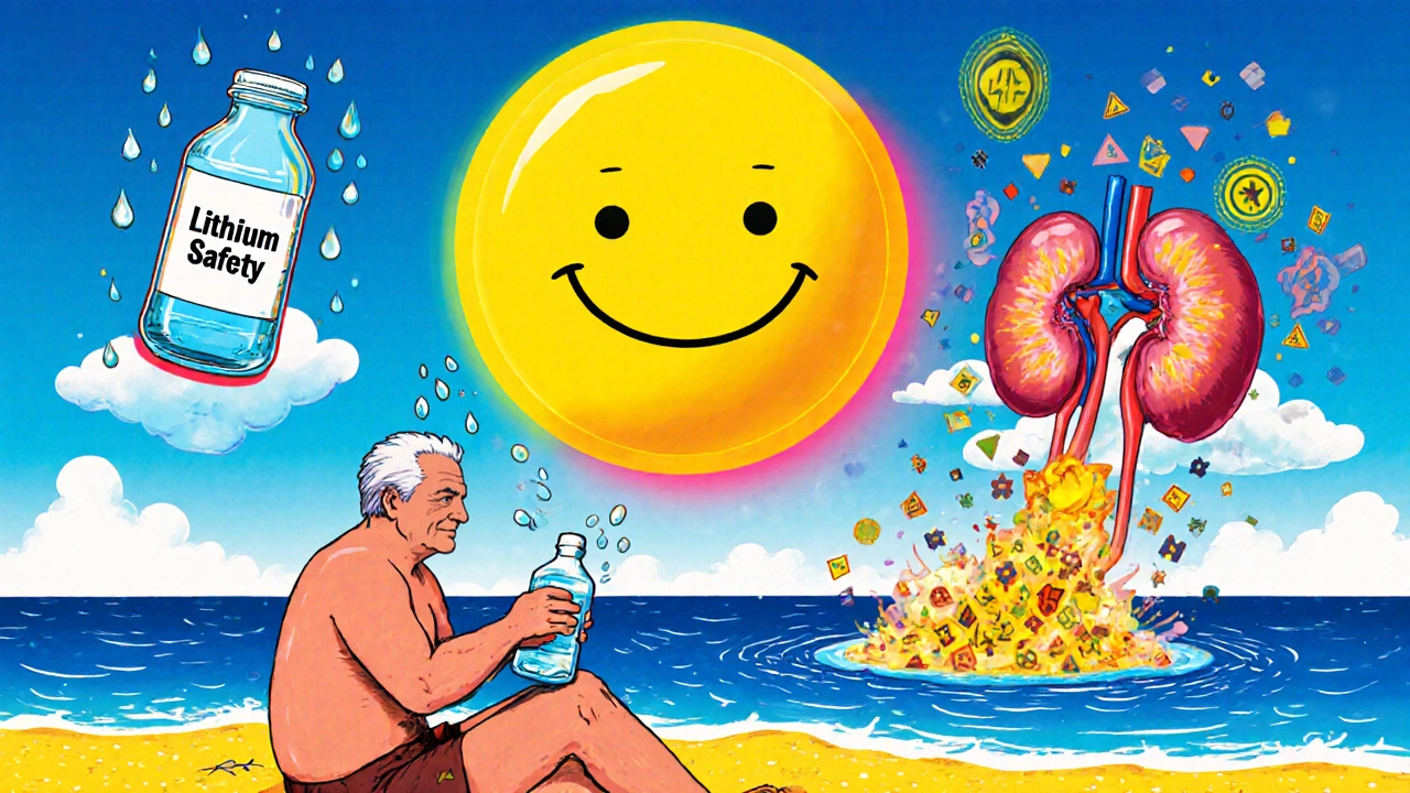 A person on a beach with lithium atoms rising as herbal tea explodes into warnings