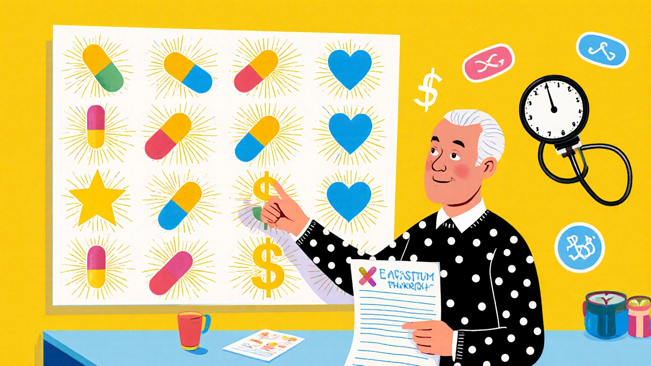 A pharmacist shows a colorful pill chart to a surprised elderly man at a vibrant pharmacy counter.