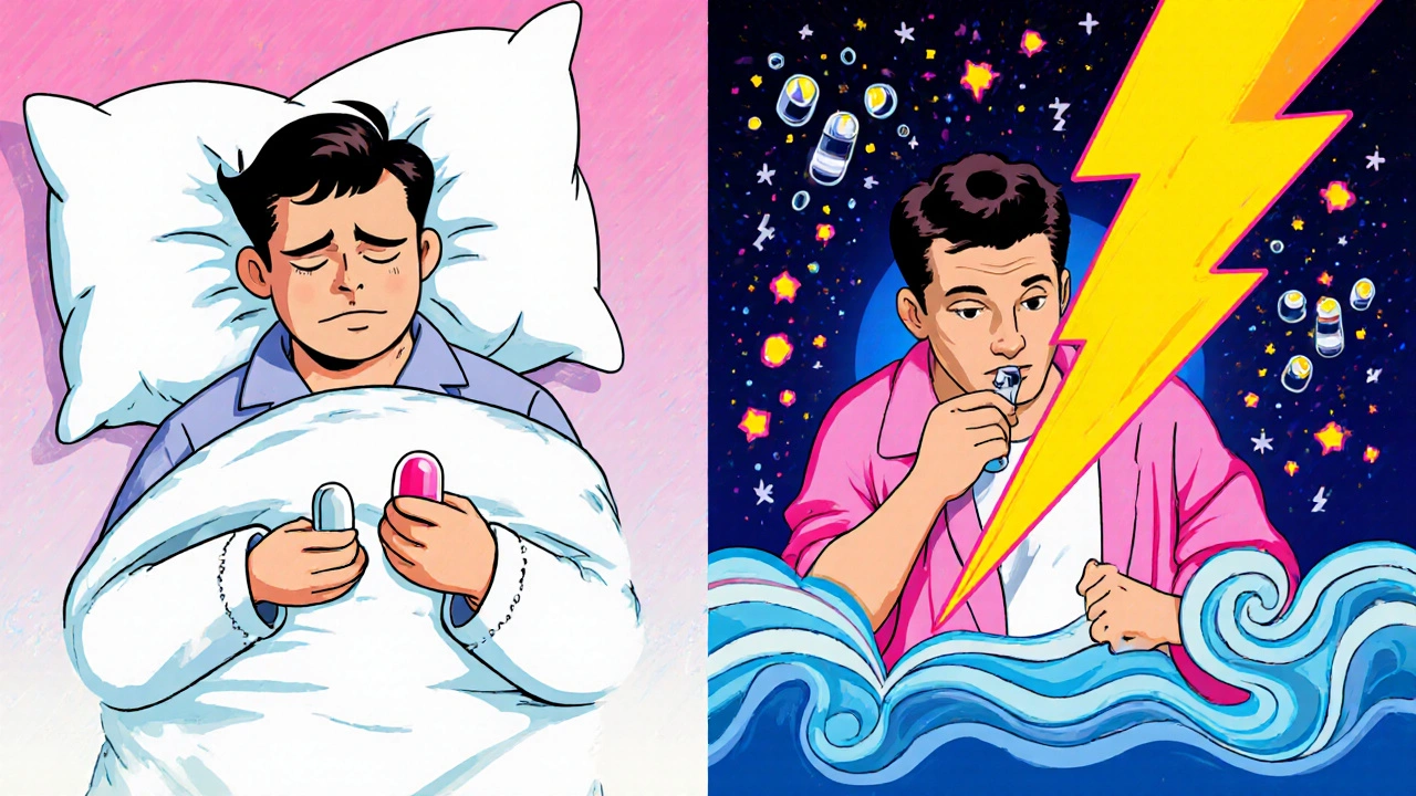 A split illustration showing one person sleepy with mirtazapine and another wide awake with fluoxetine, in vibrant pop art style.