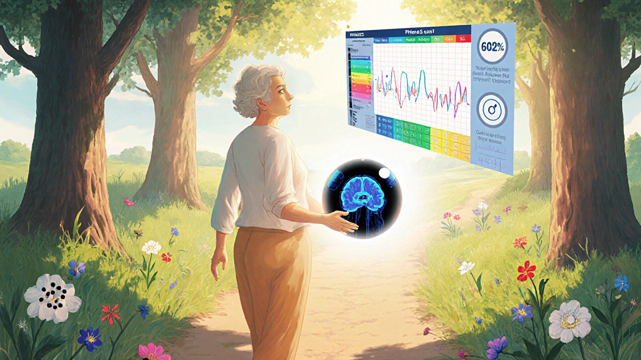 A woman walking in nature holding a glowing scan, with health icons blooming around her as PHASES score floats above.