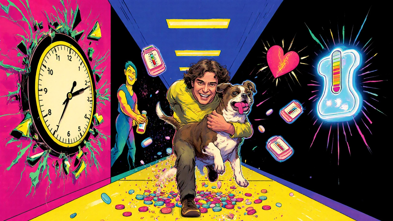 An owner runs with a sick dog as a melting clock and floating symptoms glow in a neon hallway.