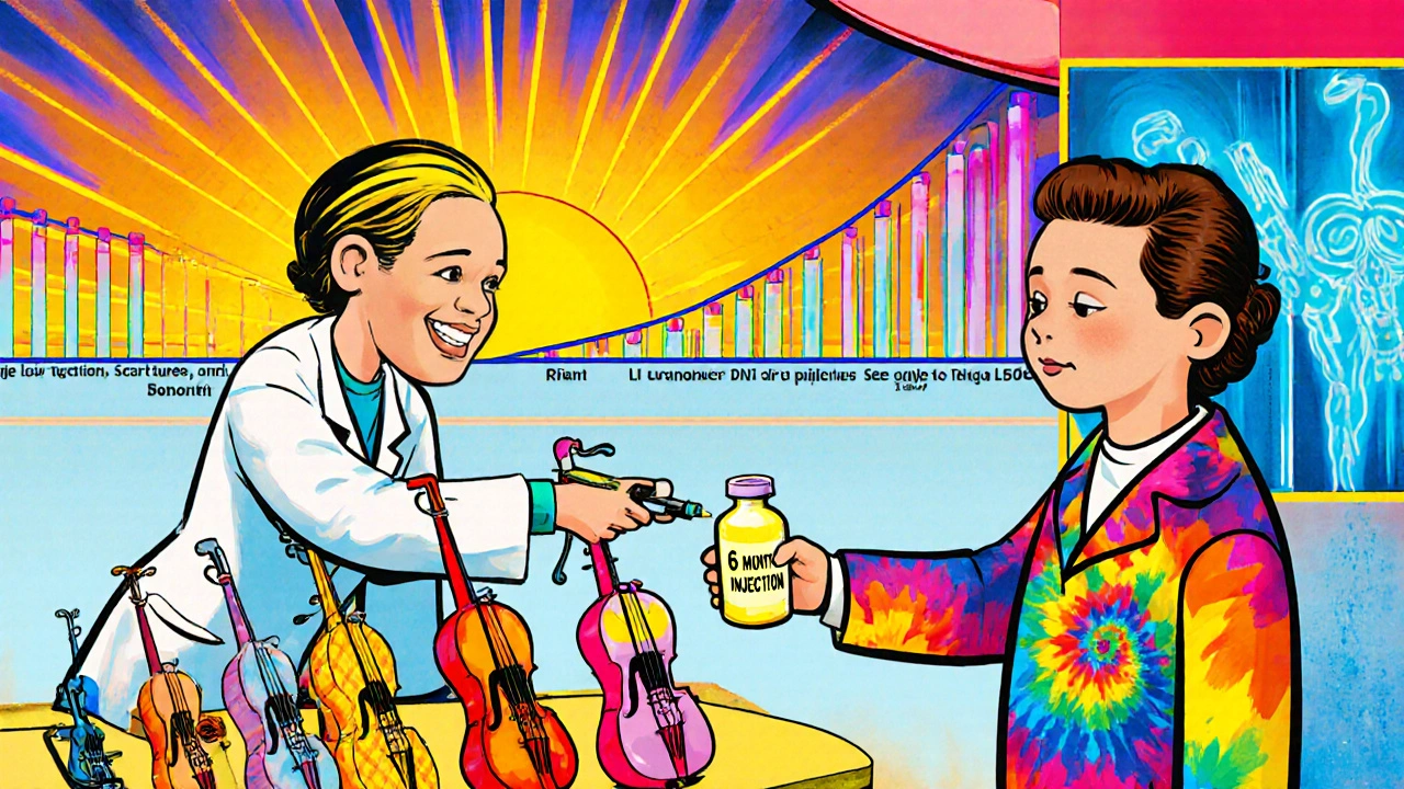Biosimilar drug vials and a long-lasting injection pen beside a smiling patient in psychedelic pharmacy scene.