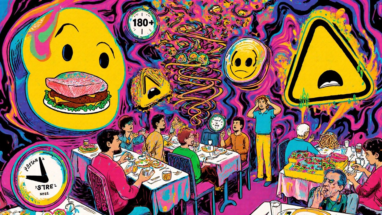 Chaotic restaurant with floating warning signs above diners eating hidden tyramine-rich meals.