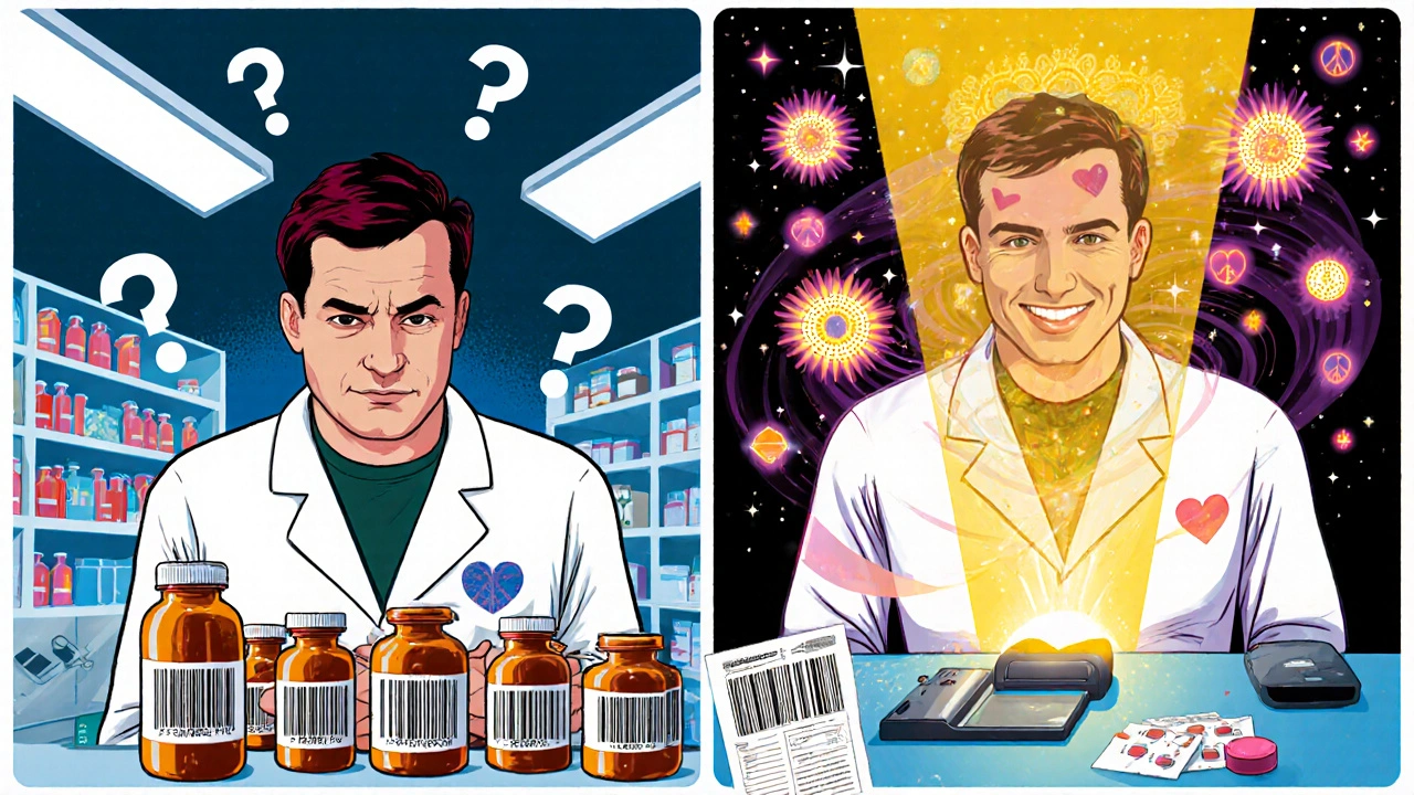 Contrasting scenes: tired pharmacist guessing vs. confident pharmacist using glowing barcode technology.