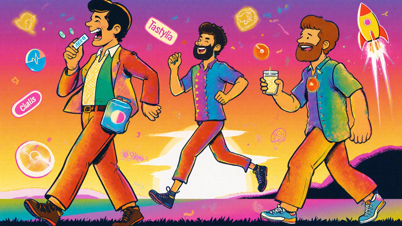 Diverse men enjoying spontaneous moments with different ED treatments in a colorful, psychedelic environment.