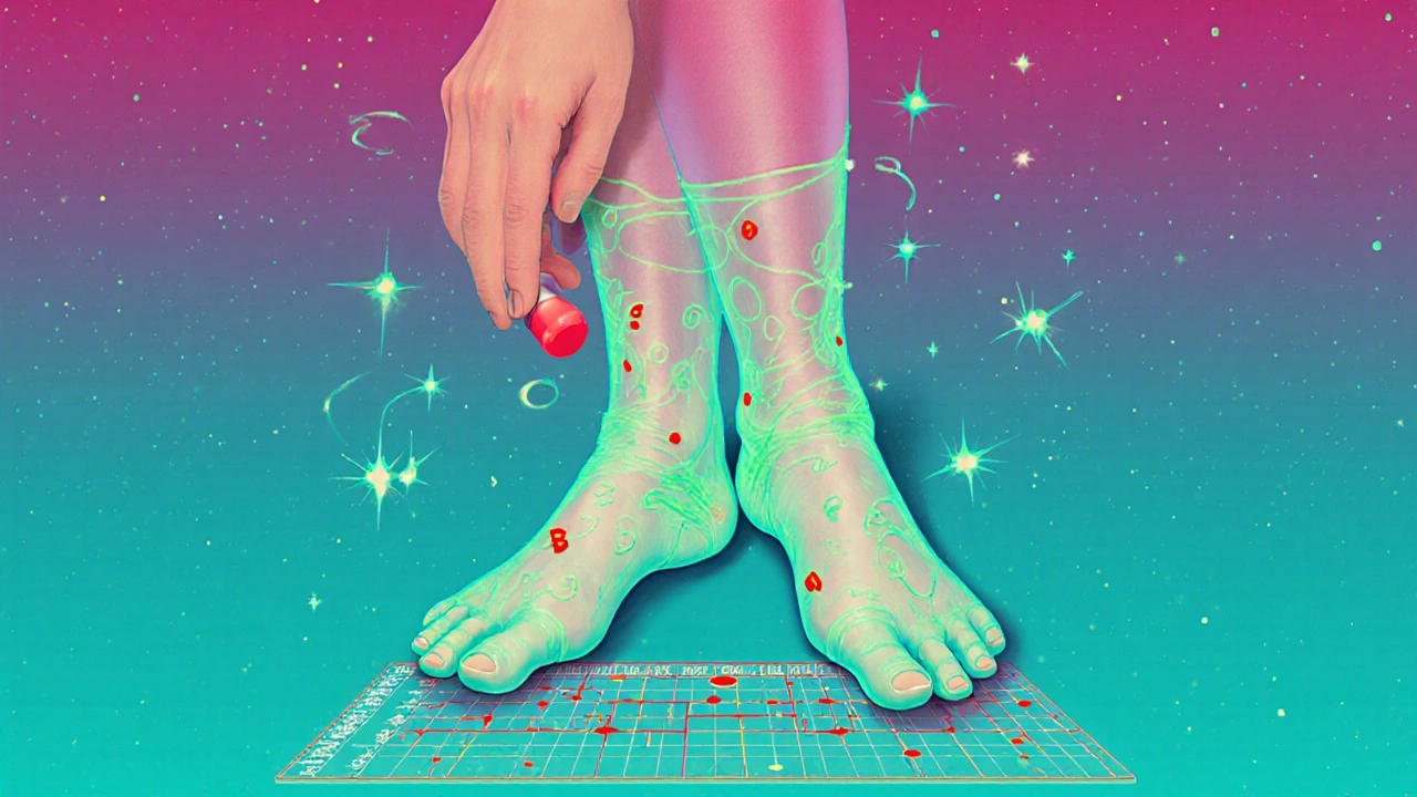 Feet wrapped in tingling, glowing stockings with neuro symbols, statin pill above.