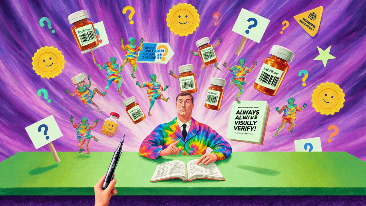 Floating medication vials with dancing NDC codes and a pharmacist verifying an insulin pen with a cracked barcode.