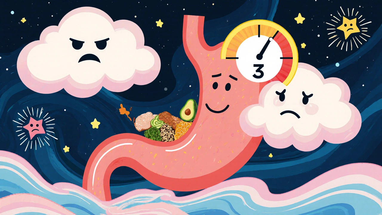 Friendly stomach digesting healthy food while nausea clouds float away, with a low GI score.