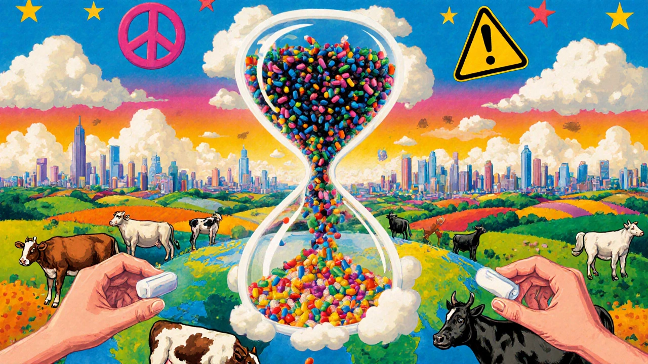 Global scene showing antibiotics spreading from farms to cities, with a draining hourglass of resistance.