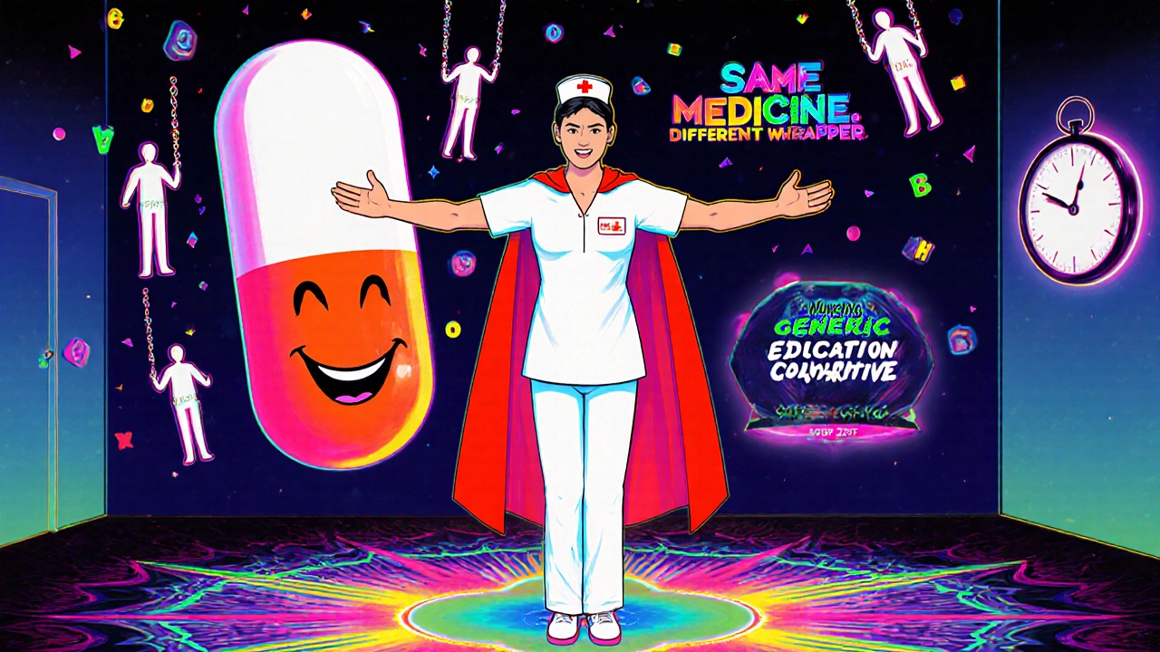 Nurse embraces patient trust as generic pill transforms into a superhero cape with floating positive symbols.