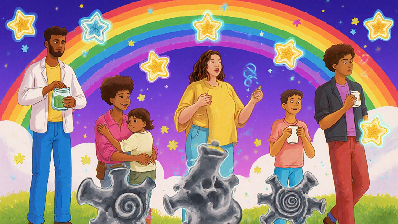 People enjoying daily life as biologic molecules calm damaged joints in vibrant, whimsical illustration.